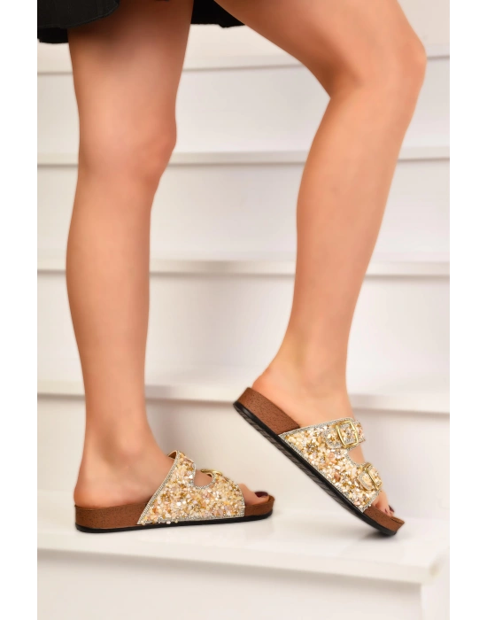 Doğal Taşlı Ortopedik Tabanlı Kadın Terlik Çift Bantlı Tokalı Günlük Rahat Terlik