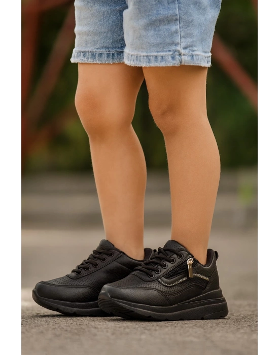 Gizli Topuklu Bağcıklı Fermuarlı Taş Aksesuarlı Çoçuk Spor Ayakkabı