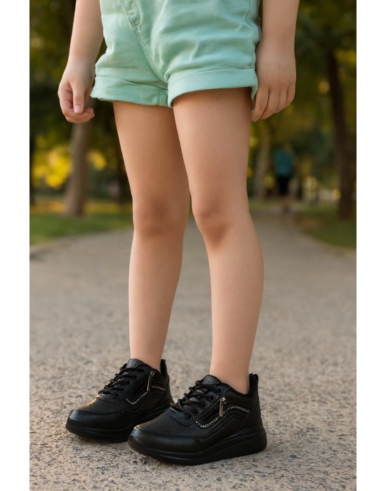 Gizli Topuklu Bağcıklı Fermuarlı Taş Aksesuarlı Çoçuk Spor Ayakkabı