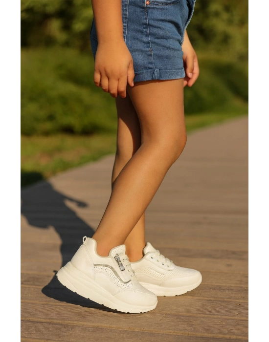 Gizli Topuklu Bağcıklı Fermuarlı Taş Aksesuarlı Çoçuk Spor Ayakkabı