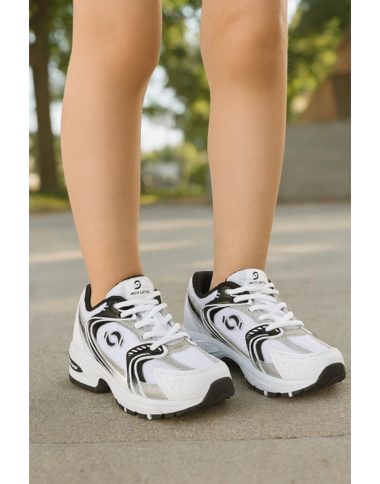 Günlük Unisex Beyaz  Sneaker Kaymaz Yüksek Taban Desenli Triko Bağcıklı Koşu Spor Ayakkabı