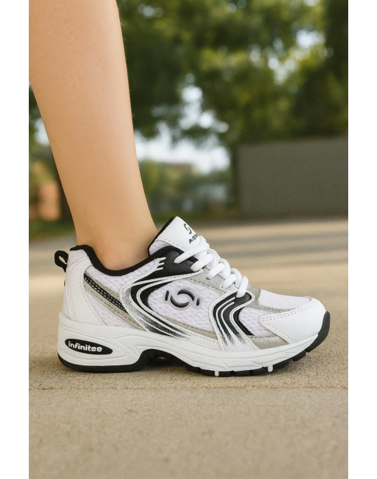 Günlük Unisex Beyaz  Sneaker Kaymaz Yüksek Taban Desenli Triko Bağcıklı Koşu Spor Ayakkabı