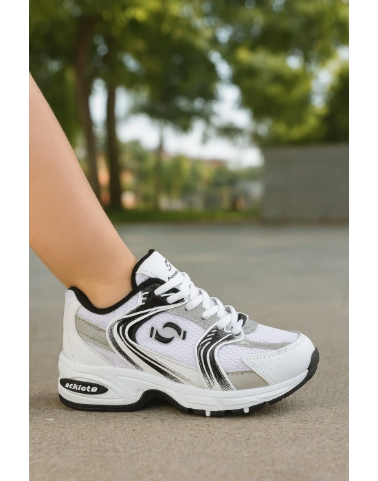 Günlük Unisex Beyaz  Sneaker Kaymaz Yüksek Taban Desenli Triko Bağcıklı Koşu Spor Ayakkabı