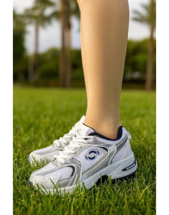 Günlük Unisex Beyaz Sneaker Kaymaz Yüksek Taban Desenli Triko Bağcıklı Koşu Spor Ayakkabı