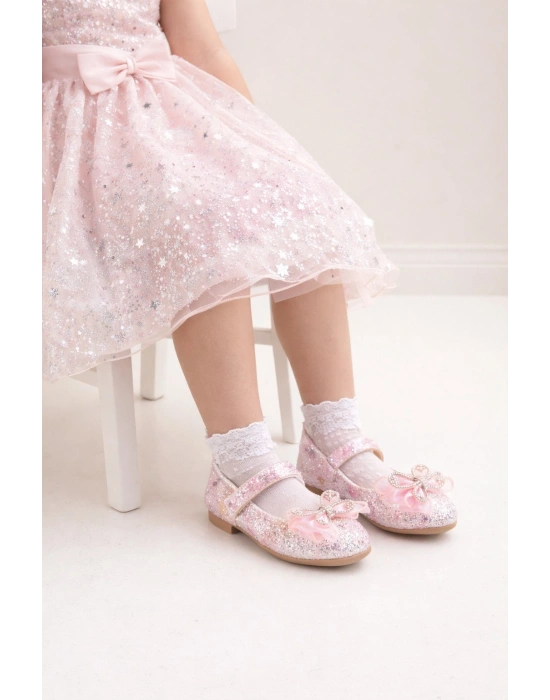 Işıltılı Kum Sim Dokulu Kelebek Figür Detaylı Kız Çocuk Babet