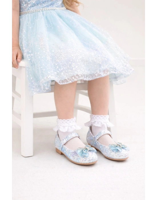 Işıltılı Kum Sim Dokulu Kelebek Figür Detaylı Kız Çocuk Babet