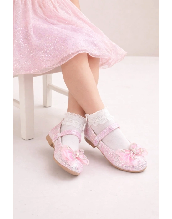 Işıltılı Kum Sim Dokulu Kelebek Figür Detaylı Kız Çocuk Babet