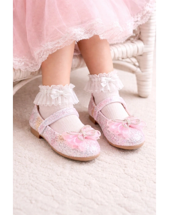 Işıltılı Kum Sim Dokulu Kelebek Figür Detaylı Kız Çocuk Babet