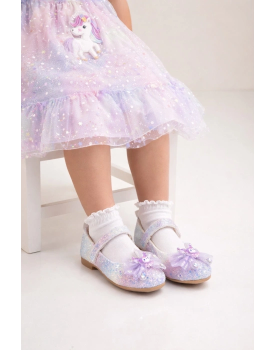 Işıltılı Kum Sim Dokulu Kelebek Figür Detaylı Kız Çocuk Babet