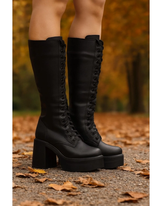 Kadın Bağcıklı Platform Topuklu Uzun Çizme