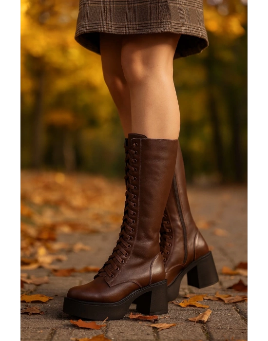 Kadın Bağcıklı Platform Topuklu Uzun Çizme