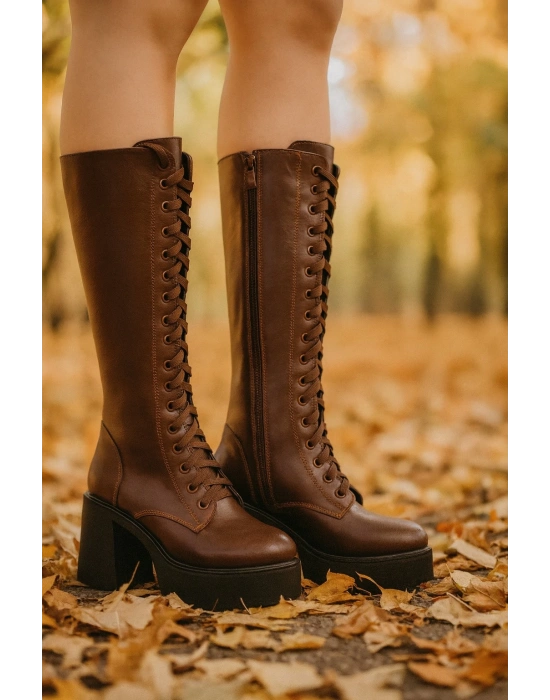 Kadın Bağcıklı Platform Topuklu Uzun Çizme