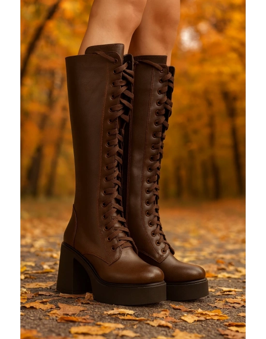 Kadın Bağcıklı Platform Topuklu Uzun Çizme