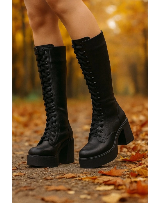 Kadın Bağcıklı Platform Topuklu Uzun Çizme