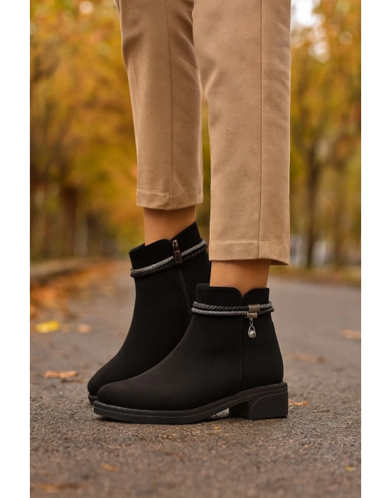 Kadın Cilt ve Nubuk Aksesuar Detaylı Fermuarlı Rahat Kışlık Bot Kaymaz Taban