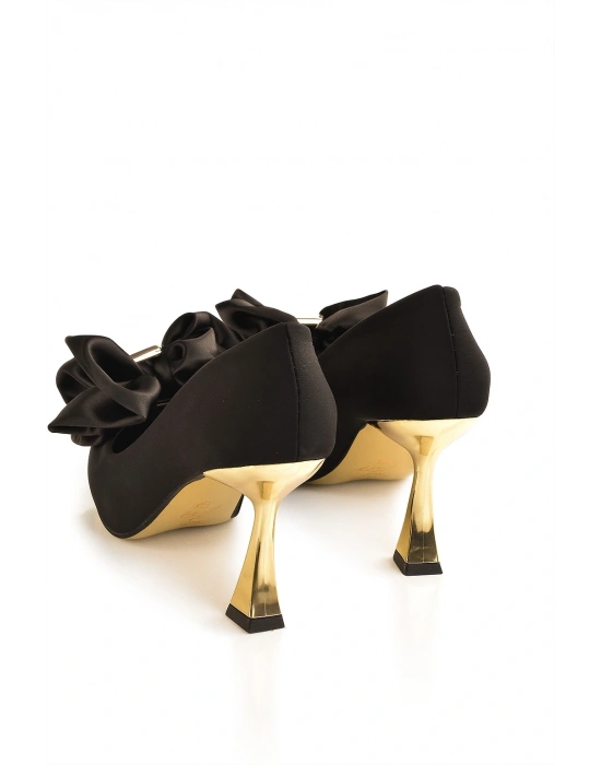 Kadın Gold Topuk Saten Fiyonk Detaylı Topuklu Ayakkabı