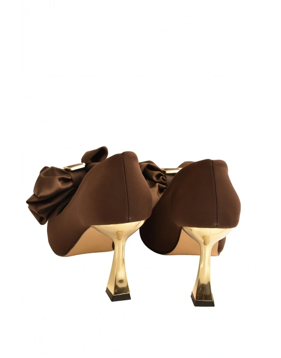 Kadın Gold Topuk Saten Fiyonk Detaylı Topuklu Ayakkabı