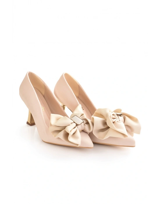 Kadın Gold Topuk Saten Fiyonk Detaylı Topuklu Ayakkabı