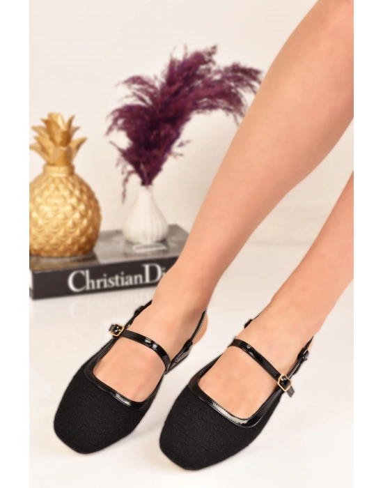 Kadın Hasır Tüvit Kumaş Küt Burun Kemer Detay Kısa Topuklu Kadın Günlük Babet Ayakkabı