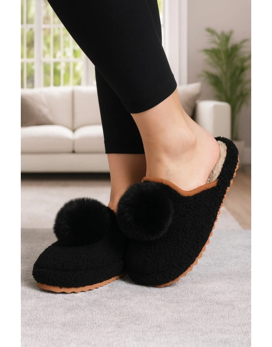 Kadın Ponponlu Ev Terliği Ses Yapmaz Kalın Taban Kışlık Terlik