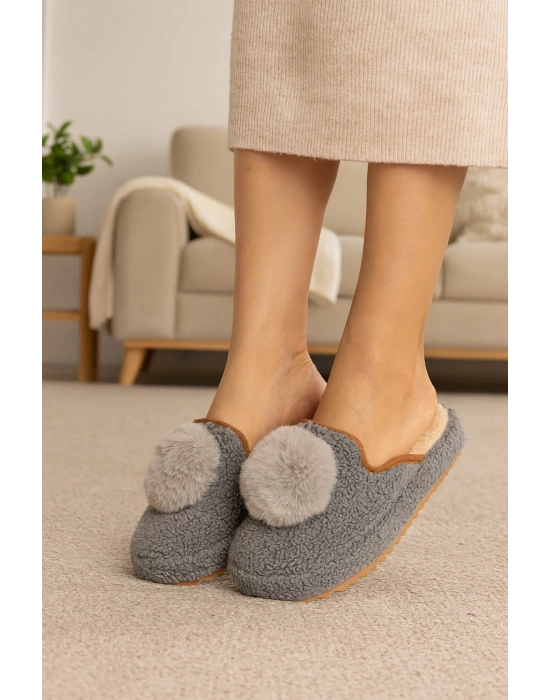 Kadın Ponponlu Ev Terliği Ses Yapmaz Kalın Taban Kışlık Terlik