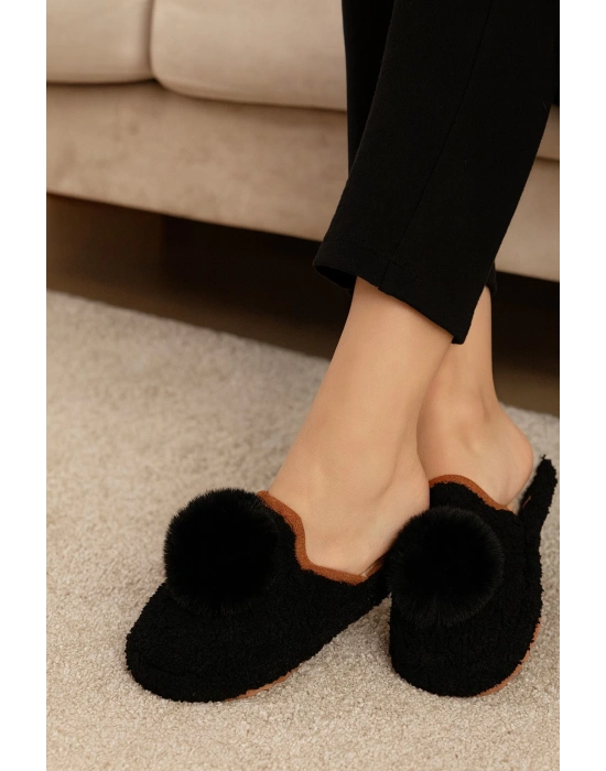 Kadın Ponponlu Ev Terliği Ses Yapmaz Kalın Taban Kışlık Terlik