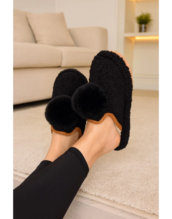 Kadın Ponponlu Ev Terliği Ses Yapmaz Kalın Taban Kışlık Terlik