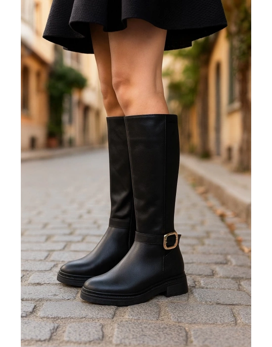 Kadın Siyah Mat Cilt Toka Detaylı Arkası Streç Çizme