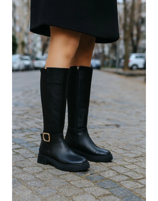 Kadın Siyah Mat Cilt Toka Detaylı Arkası Streç Çizme