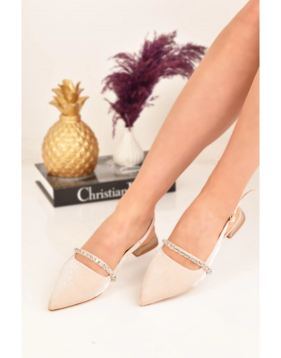Kadın Taşlı Mat Saten Sivri Burun Kısa Topuklu Kadın Babet