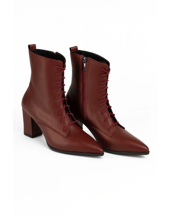 Kadın Topuklu Bot Sivri Burun Bağcıklı Yandan Fermuarlı Kalın Ökçe