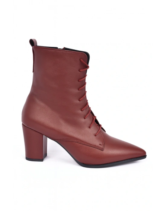 Kadın Topuklu Bot Sivri Burun Bağcıklı Yandan Fermuarlı Kalın Ökçe