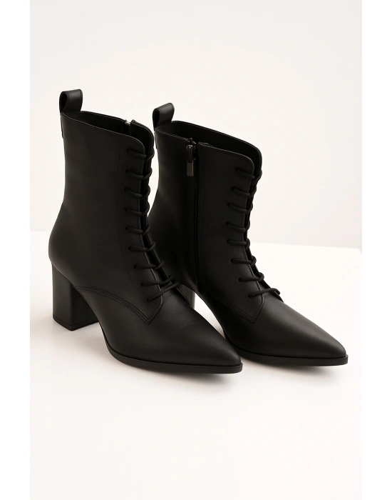Kadın Topuklu Bot Sivri Burun Bağcıklı Yandan Fermuarlı Kalın Ökçe