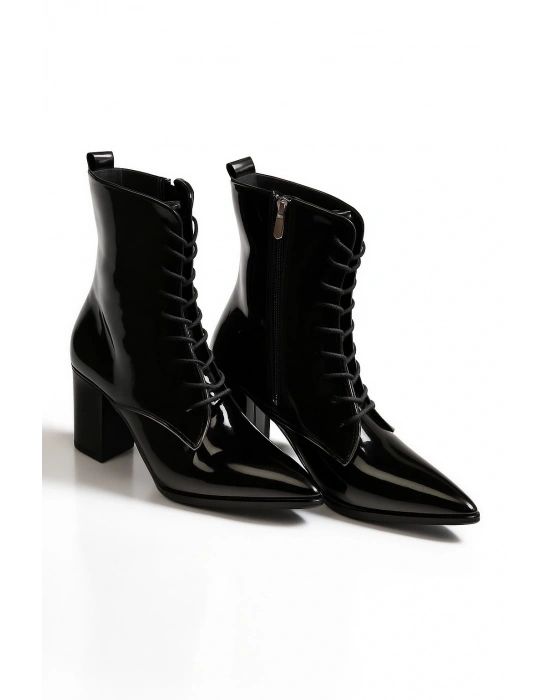 Kadın Topuklu Bot Sivri Burun Bağcıklı Yandan Fermuarlı Kalın Ökçe