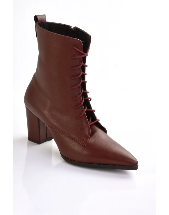 Kadın Topuklu Bot Sivri Burun Bağcıklı Yandan Fermuarlı Kalın Ökçe