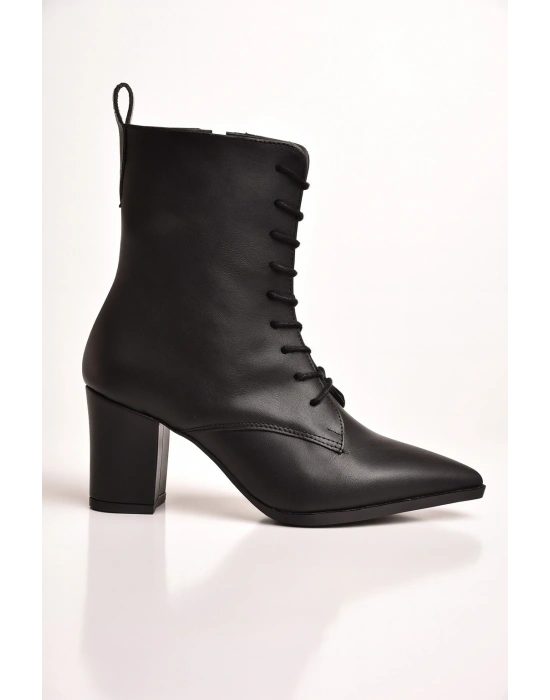 Kadın Topuklu Bot Sivri Burun Bağcıklı Yandan Fermuarlı Kalın Ökçe