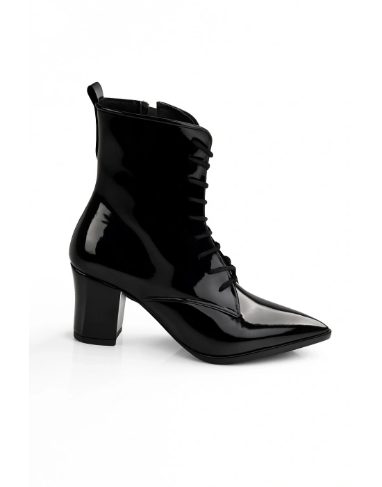 Kadın Topuklu Bot Sivri Burun Bağcıklı Yandan Fermuarlı Kalın Ökçe