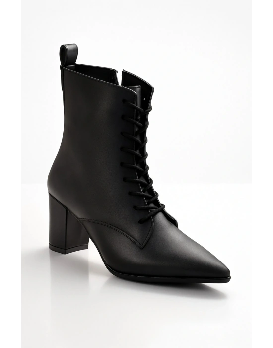 Kadın Topuklu Bot Sivri Burun Bağcıklı Yandan Fermuarlı Kalın Ökçe