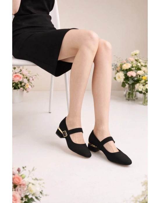 Kadın Zarif Altın Topuk veToka Detaylı ,Kare Burun Babet Ayakkabı