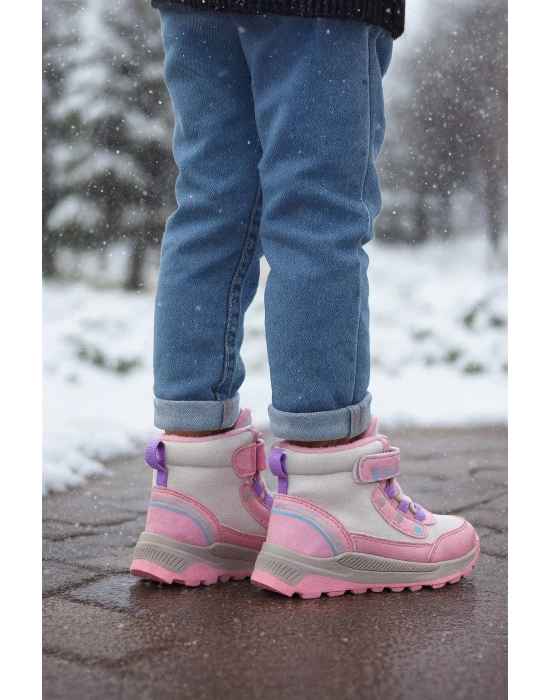 Kız Çoçuk Sim Detaylı Kışlık Kaymaz Taban Su Geçirmez Cırt Cırtlı Yarım Bot