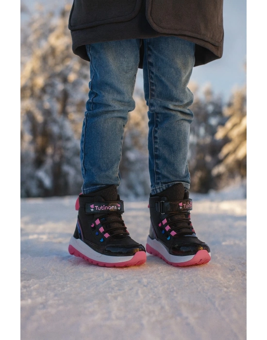 Kız Çoçuk Sim Detaylı Kışlık Kaymaz Taban Su Geçirmez Cırt Cırtlı Yarım Bot