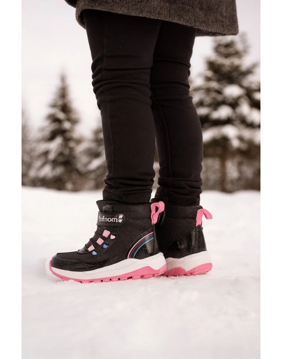 Kız Çoçuk Sim Detaylı Kışlık Kaymaz Taban Su Geçirmez Cırt Cırtlı Yarım Bot