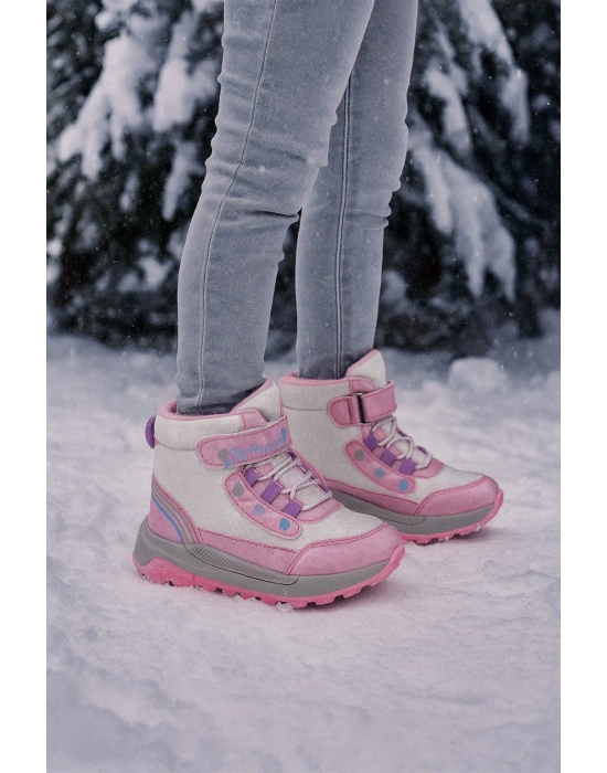 Kız Çoçuk Sim Detaylı Kışlık Kaymaz Taban Su Geçirmez Cırt Cırtlı Yarım Bot