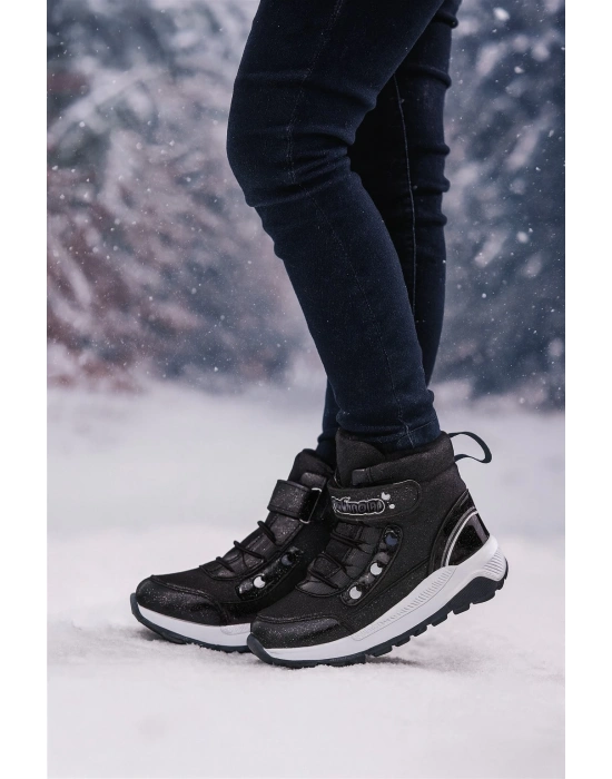 Kız Çoçuk Sim Detaylı Kışlık Kaymaz Taban Su Geçirmez Cırt Cırtlı Yarım Bot