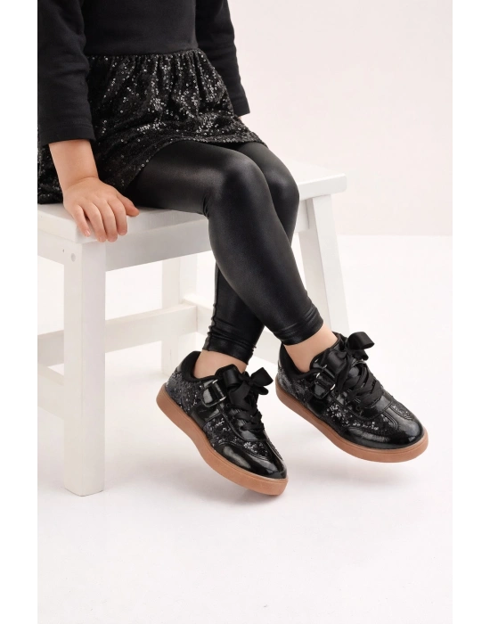 Kız Çocuk Siyah Sim Detaylı Kurdele Bağcıklı Sneaker – Taba Taban