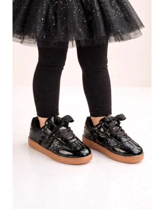 Kız Çocuk Siyah Sim Detaylı Kurdele Bağcıklı Sneaker – Taba Taban