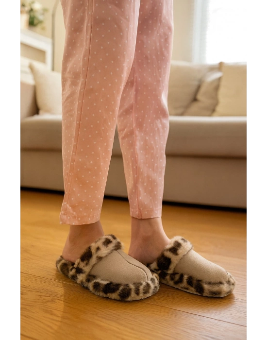 Leopar Desenli Kışlık Sessiz Ev Terliği