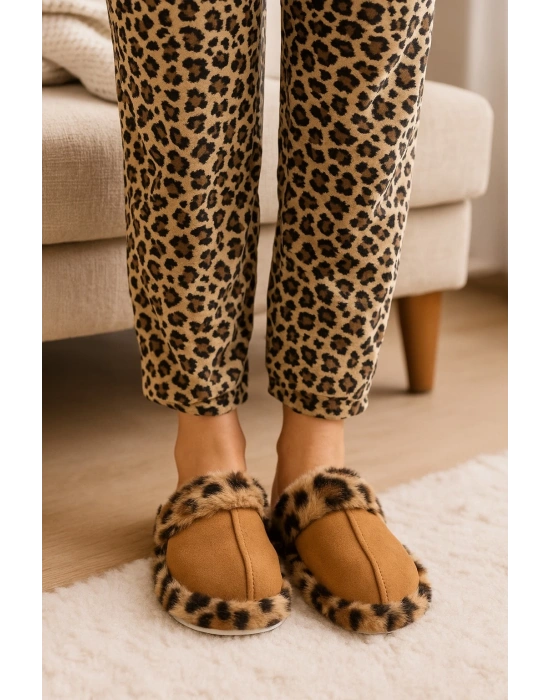 Leopar Desenli Kışlık Sessiz Ev Terliği