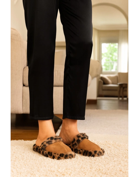 Leopar Desenli Kışlık Sessiz Ev Terliği