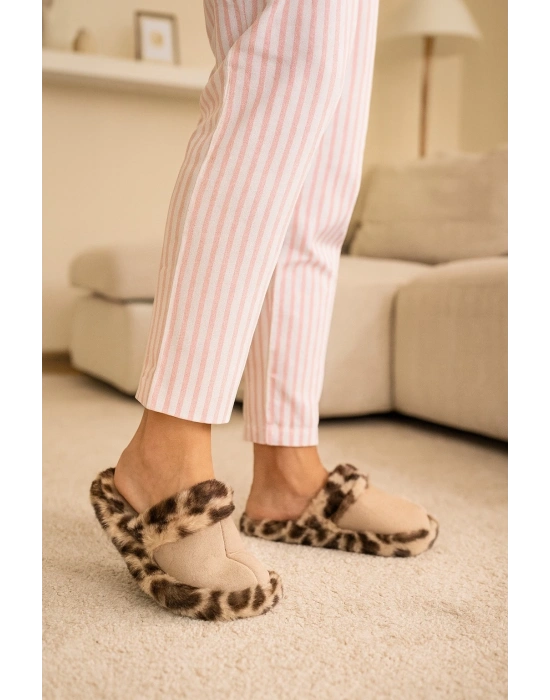 Leopar Desenli Kışlık Sessiz Ev Terliği